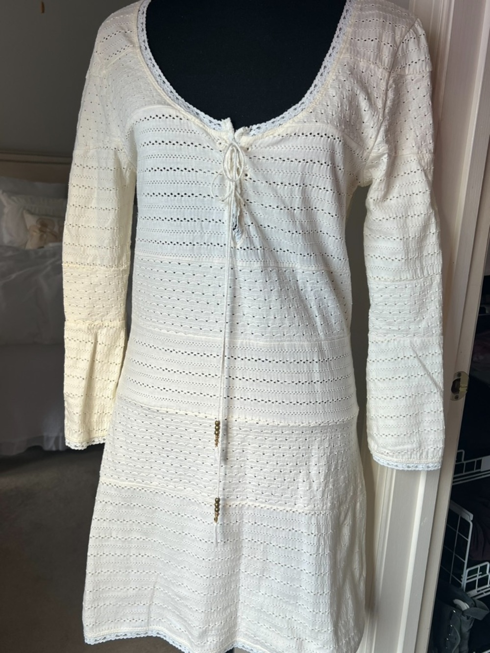 Free People Eyelet Cream Tie-Front Knit Dress